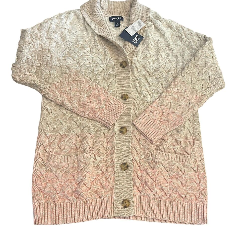 Lands’ End Ombre Cable Knit Cardigan M Pink Dip Dye Coastal Grandma Cottagecore